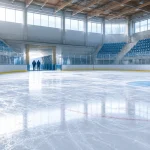 Prázdny hokejový ľad v aréne, vzdialené postavy pri tuneli, chladné ranné svetlo